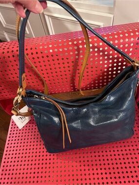 Authentic Hobo Sapphire Leather Delilah Shoulder Bag with Honey Trim